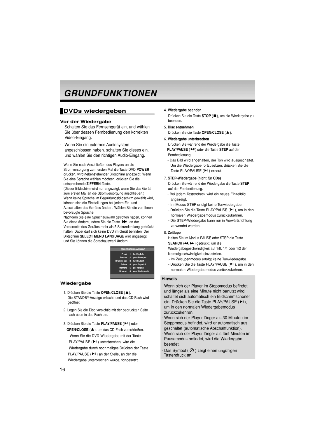 Samsung DVD-HD870/XEL, DVD-HD870/XEG manual Grundfunktionen, DVDs wiedergeben, Vor der Wiedergabe 