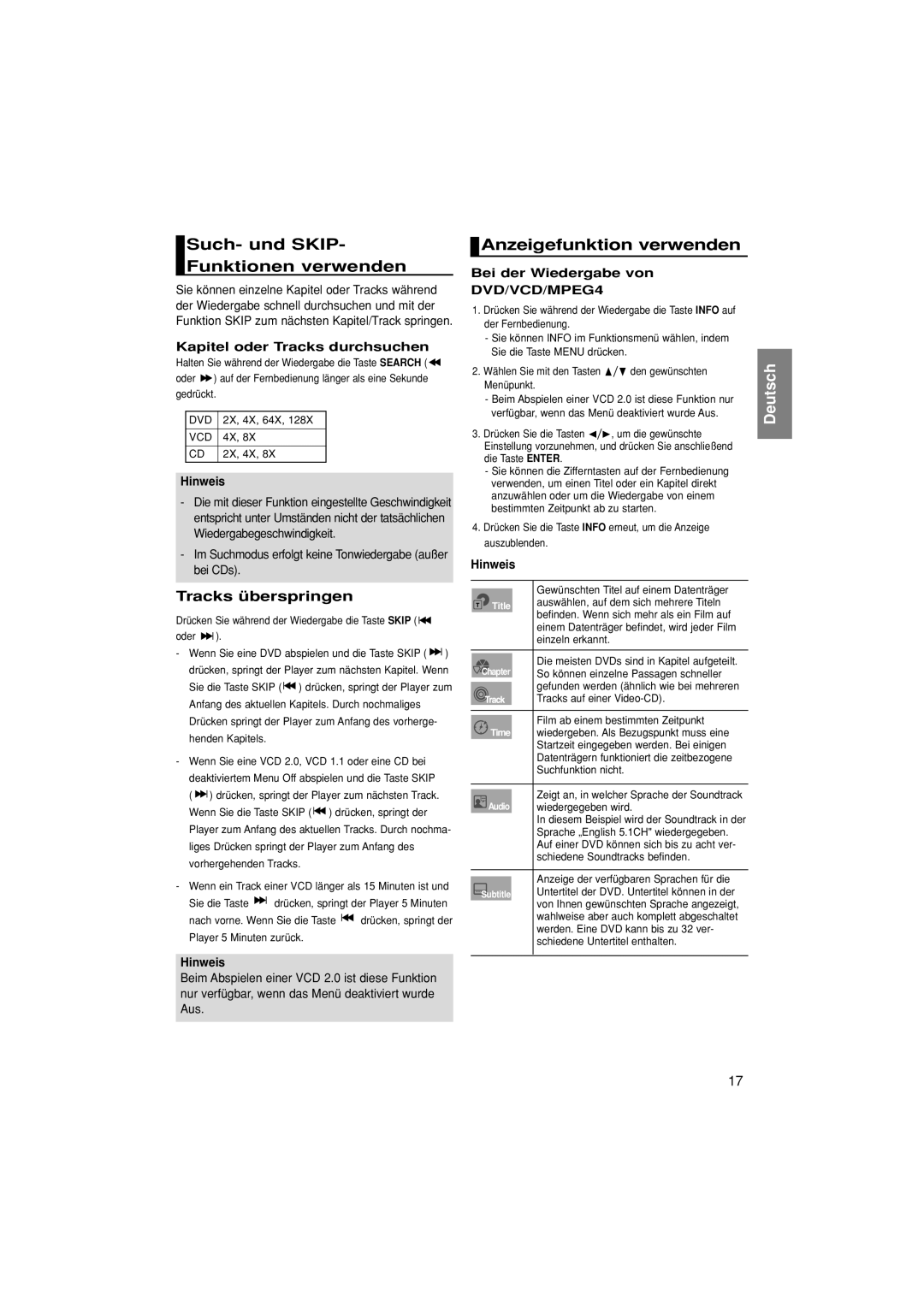 Samsung DVD-HD870/XEG Such- und SKIP- Funktionen verwenden, Anzeigefunktion verwenden, Kapitel oder Tracks durchsuchen 