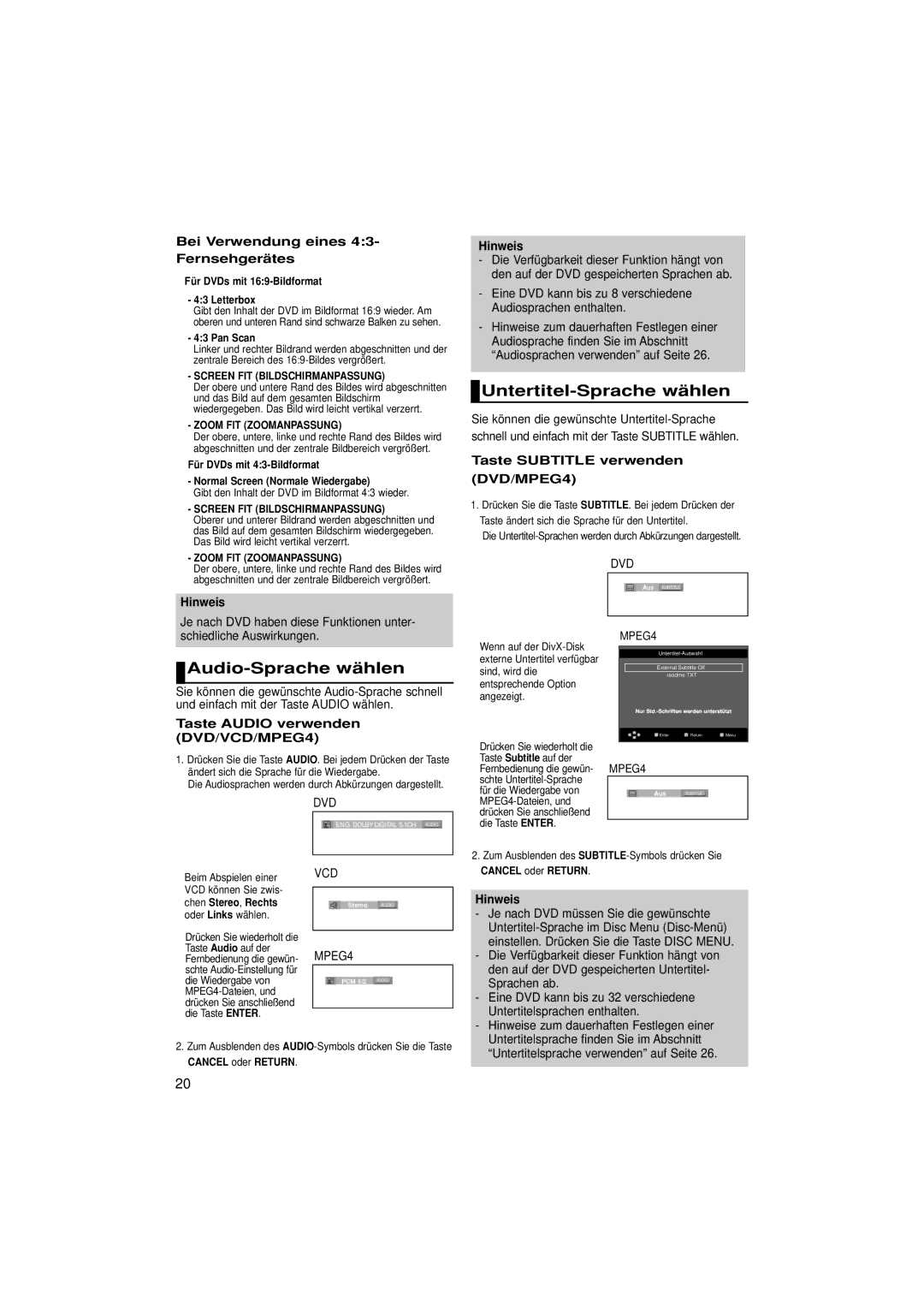 Samsung DVD-HD870/XEL manual Untertitel-Sprache wählen, Audio-Sprache wählen, Bei Verwendung eines 43- Fernsehgerätes 