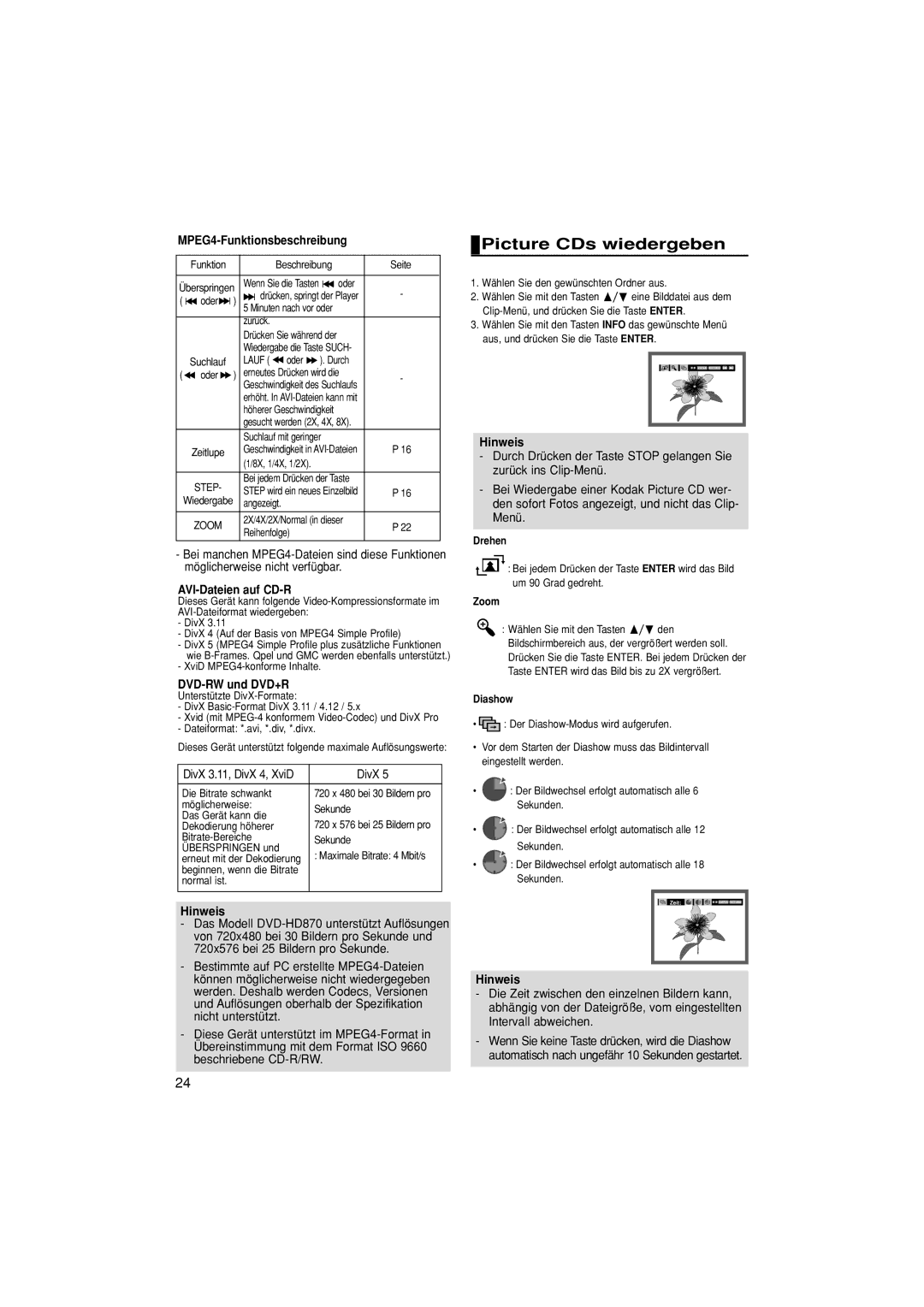 Samsung DVD-HD870/XEL Picture CDs wiedergeben, MPEG4-Funktionsbeschreibung, AVI-Dateien auf CD-R, DVD-RW und DVD+R, DivX 