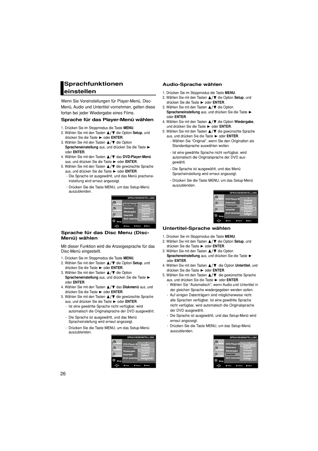 Samsung DVD-HD870/XEL, DVD-HD870/XEG Sprachfunktionen einstellen, Sprache für das Player-Menü wählen, Audio-Sprache wählen 