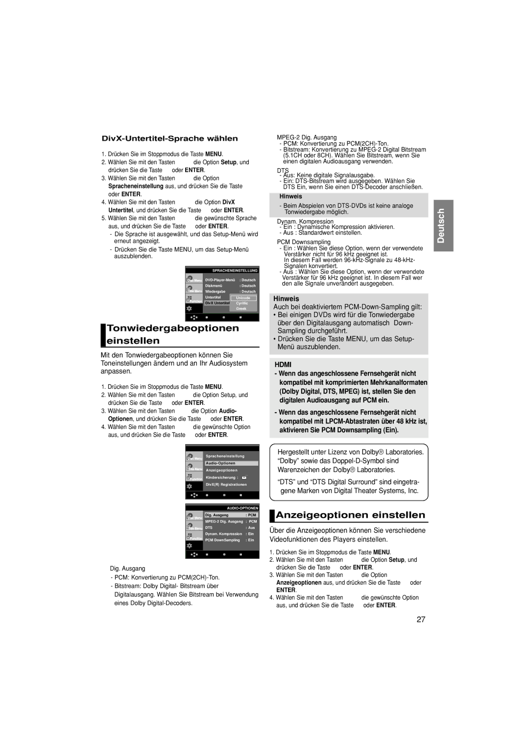 Samsung DVD-HD870/XEG manual Tonwiedergabeoptionen einstellen, Anzeigeoptionen einstellen, DivX-Untertitel-Sprache wählen 