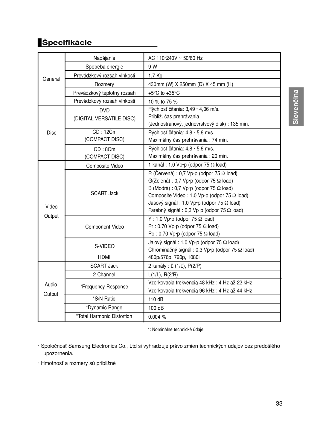 Samsung DVD-HD870/XEG, DVD-HD870/XET, DVD-HD870/AUS, DVD-HD870/XEH, DVD-HD870/XEE, DVD-HD870/XEO manual ·pecifikácie 