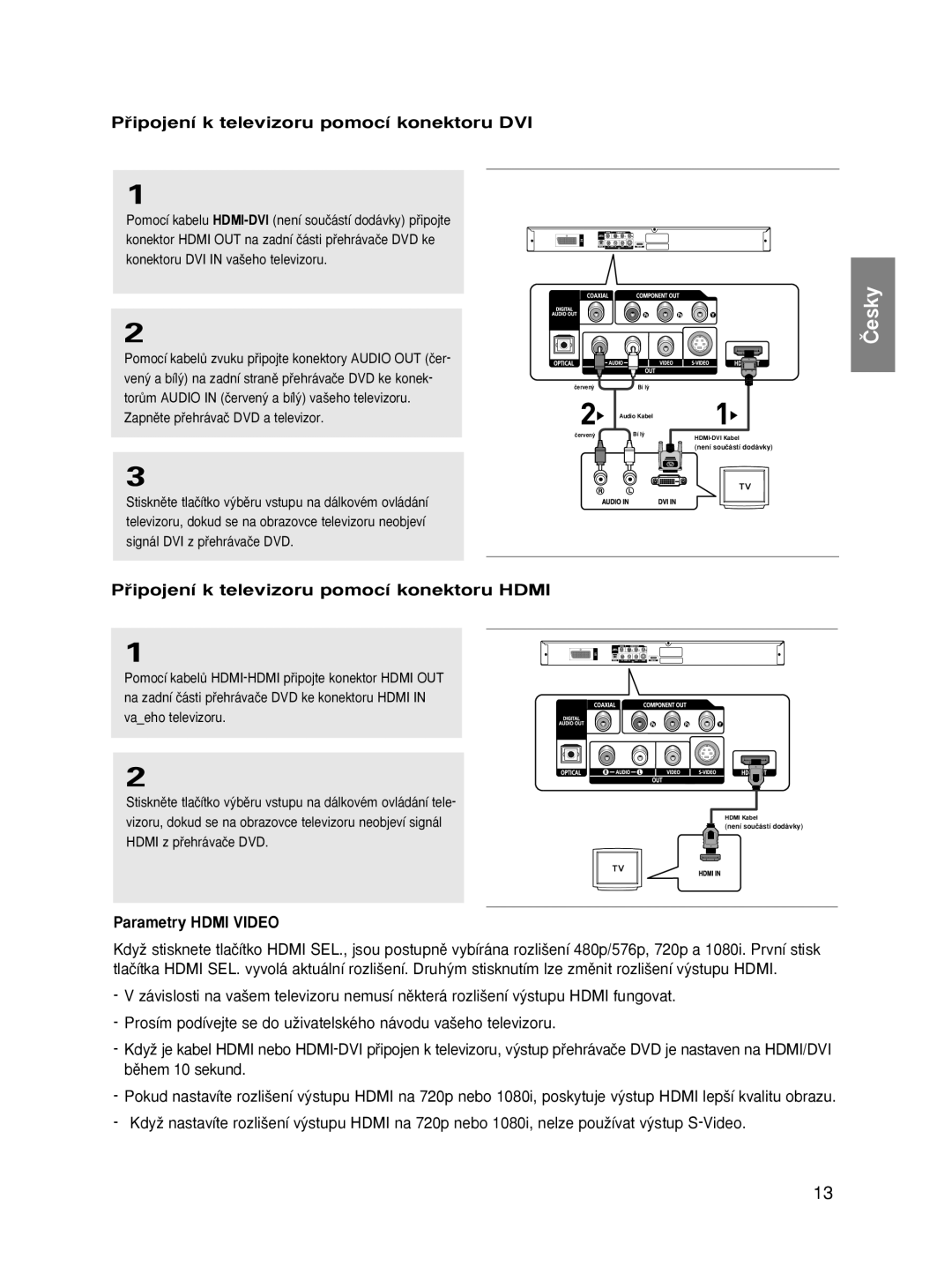 Samsung DVD-HD870/XET manual Pﬁipojení k televizoru pomocí konektoru DVI, Pﬁipojení k televizoru pomocí konektoru Hdmi 