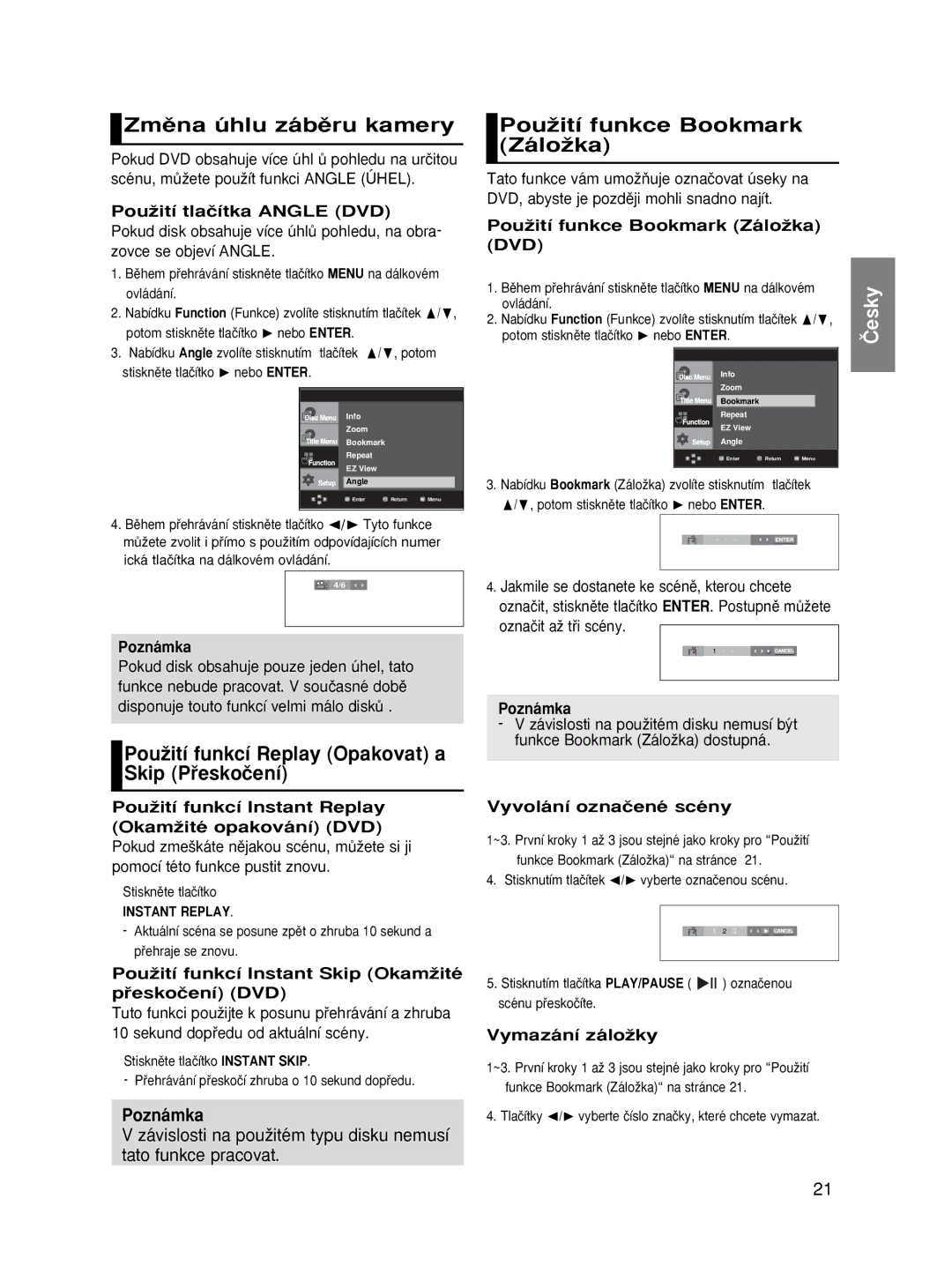 Samsung DVD-HD870/XEH, DVD-HD870/XEG manual Zmûna úhlu zábûru kamery, PouÏití funkcí Replay Opakovat a Skip Pﬁeskoãení 