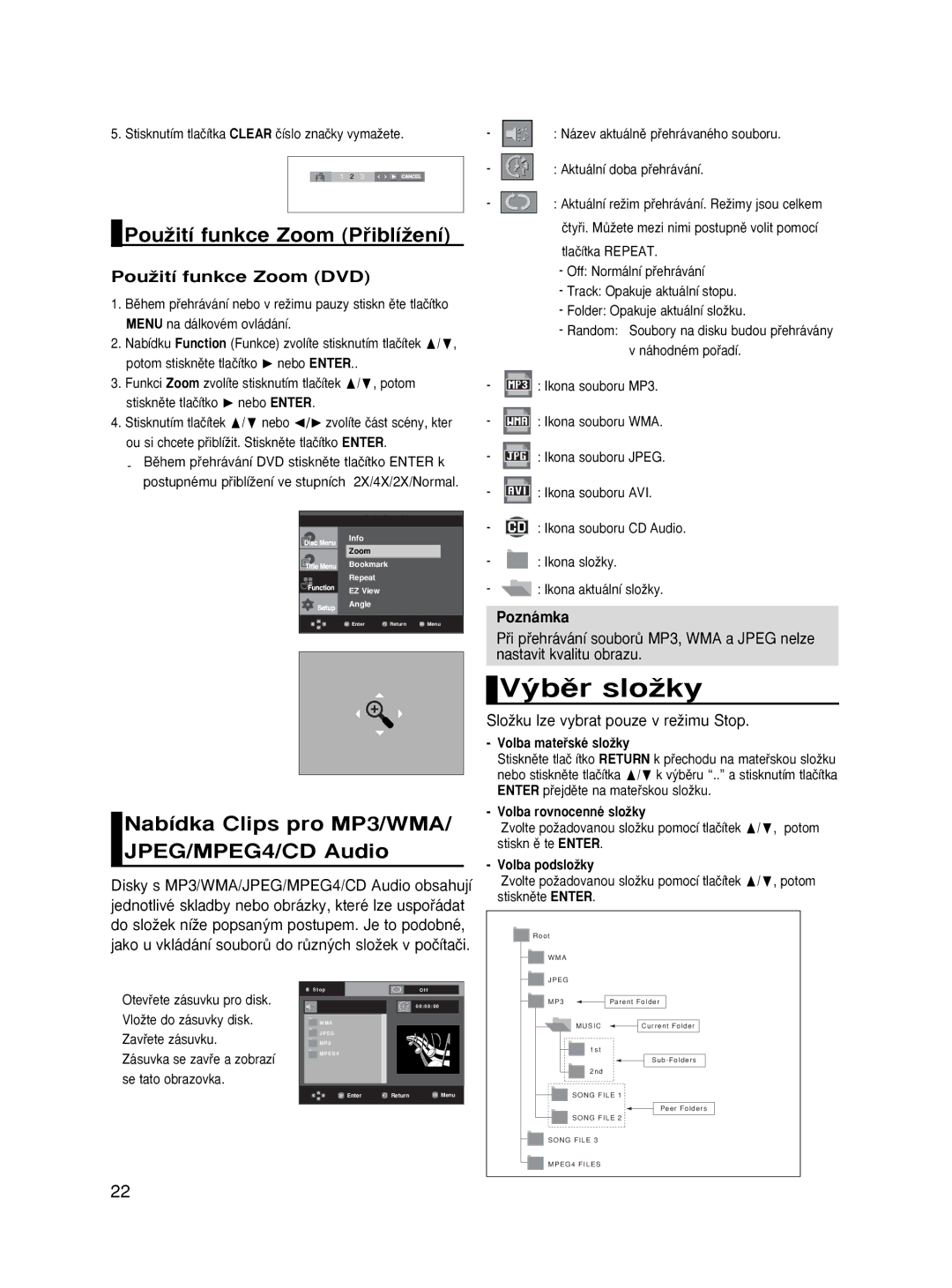 Samsung DVD-HD870/XEE, DVD-HD870/XEG manual PouÏití funkce Zoom PﬁiblíÏení, Nabídka Clips pro MP3/WMA/ JPEG/MPEG4/CD Audio 