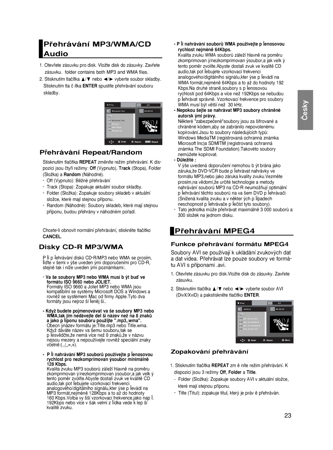 Samsung DVD-HD870/XEO manual Pﬁehrávání MP3/WMA/CD Audio, Pﬁehrávání MPEG4, Funkce pﬁehrávání formátu MPEG4, Cancel 