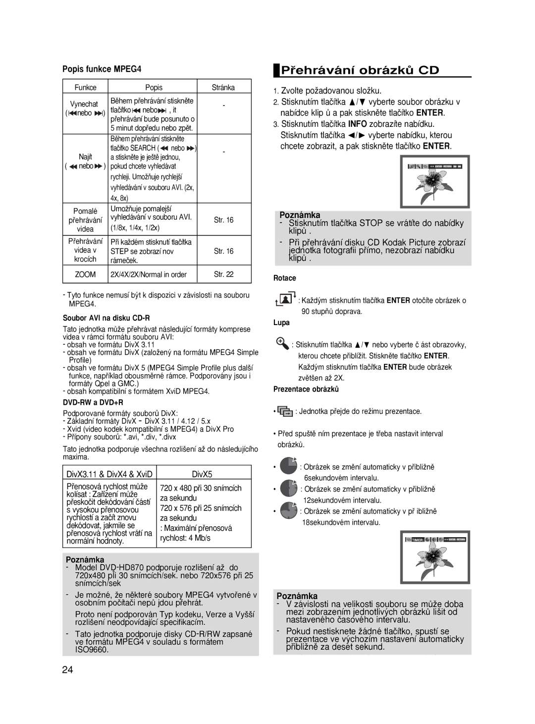 Samsung DVD-HD870/XEG, DVD-HD870/XET manual Pﬁehrávání obrázkÛ CD, Popis funkce MPEG4, DivX5, Zvolte poÏadovanou sloÏku 