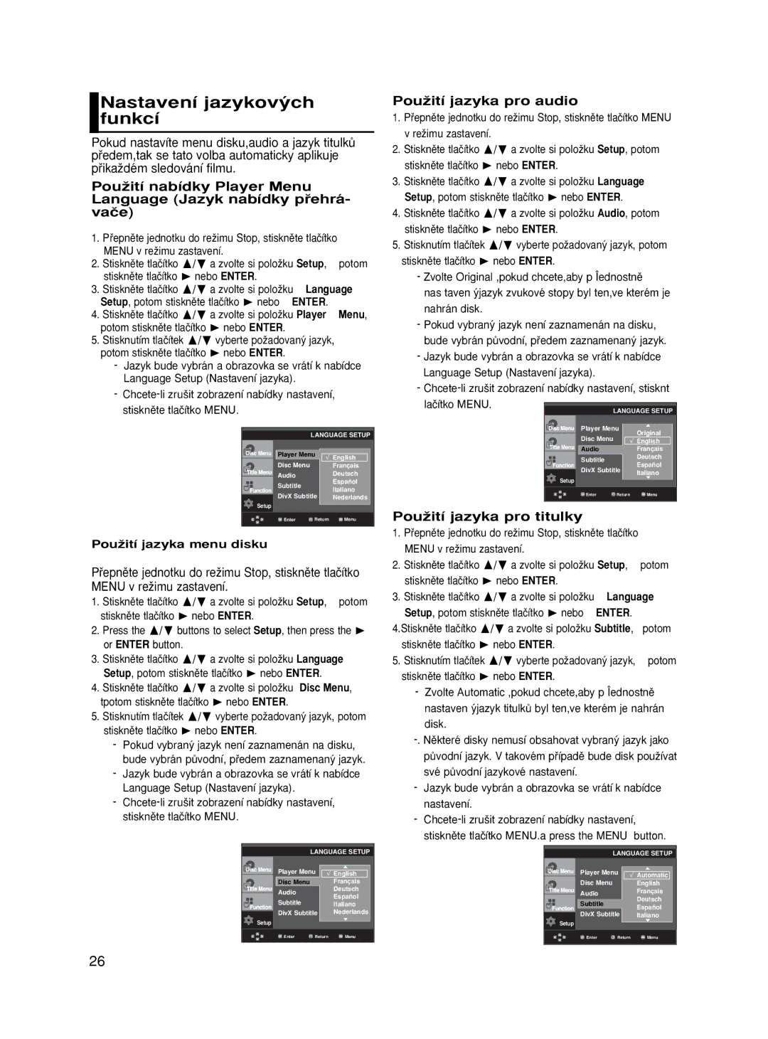 Samsung DVD-HD870/AUS manual Nastavení jazykov˘ch funkcí, PouÏití jazyka pro audio, PouÏití jazyka pro titulky, Language 