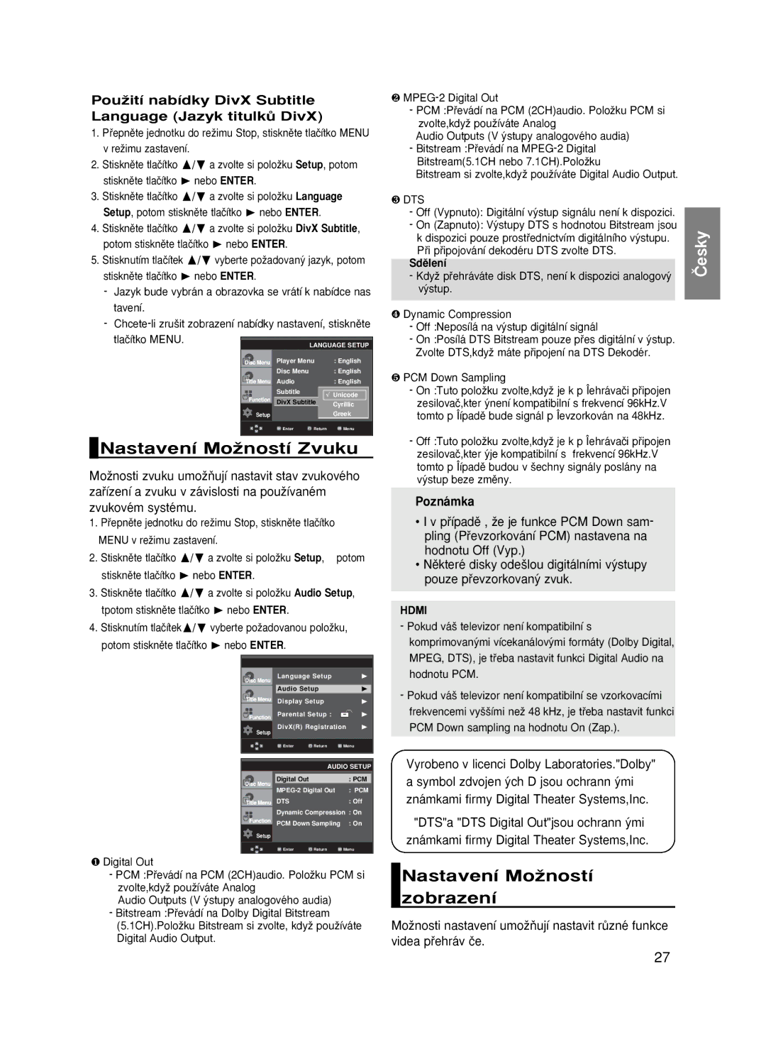 Samsung DVD-HD870/XEH, DVD-HD870/XEG, DVD-HD870/XET Nastavení MoÏností Zvuku, Nastavení MoÏností Zobrazení, Sdûlení, Hdmi 