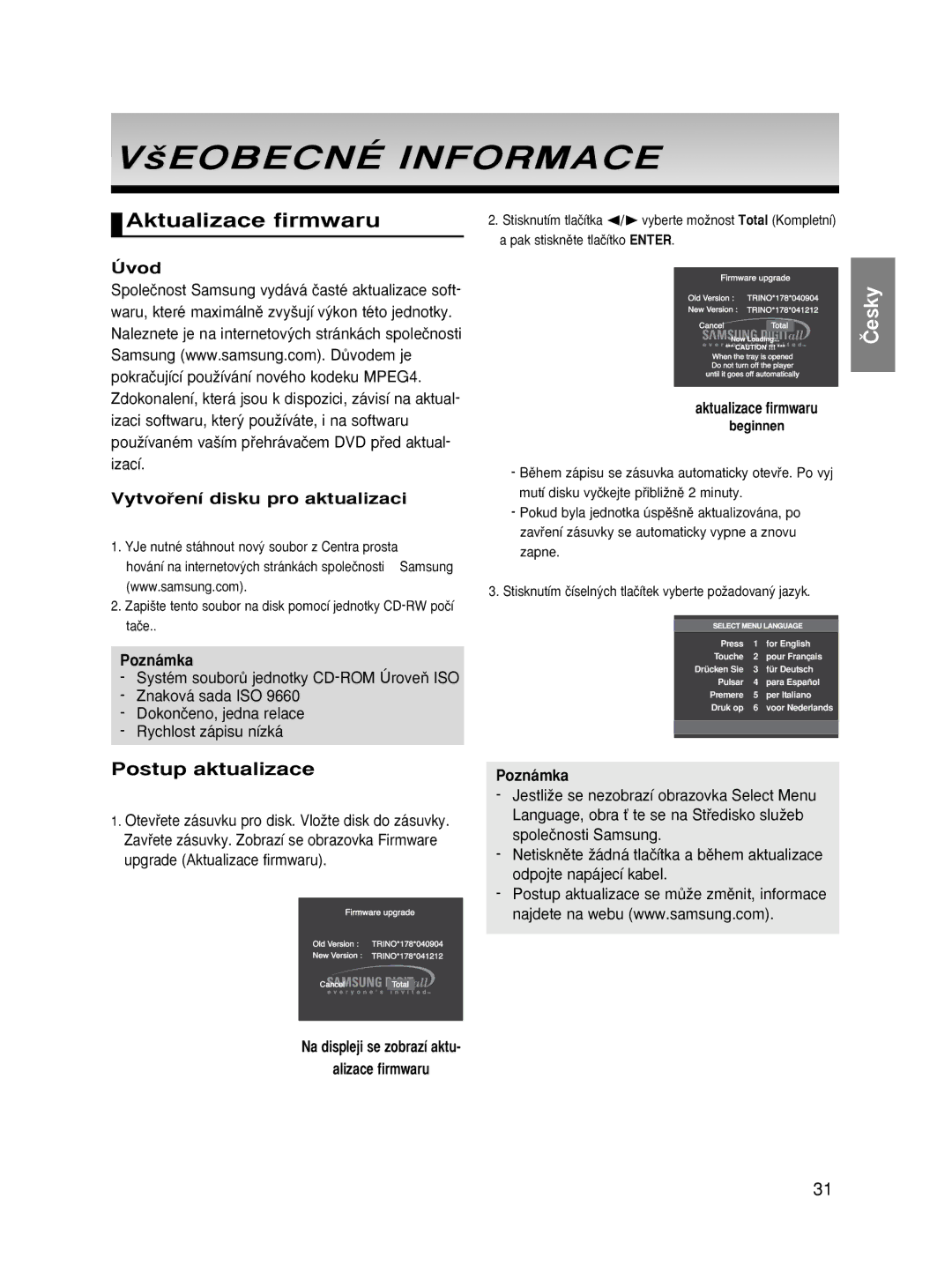 Samsung DVD-HD870/XET, DVD-HD870/XEG manual ‰EOBECNÉ Informace, Aktualizace firmwaru, Úvod Vytvoﬁení disku pro aktualizaci 