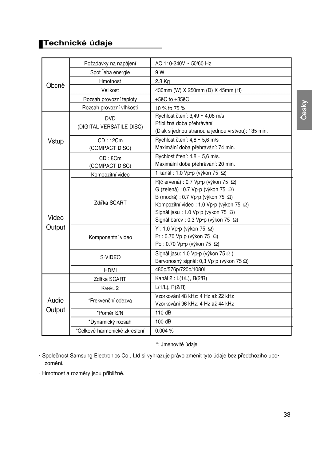 Samsung DVD-HD870/XEH, DVD-HD870/XEG, DVD-HD870/XET, DVD-HD870/AUS, DVD-HD870/XEE, DVD-HD870/XEO manual Technické údaje 