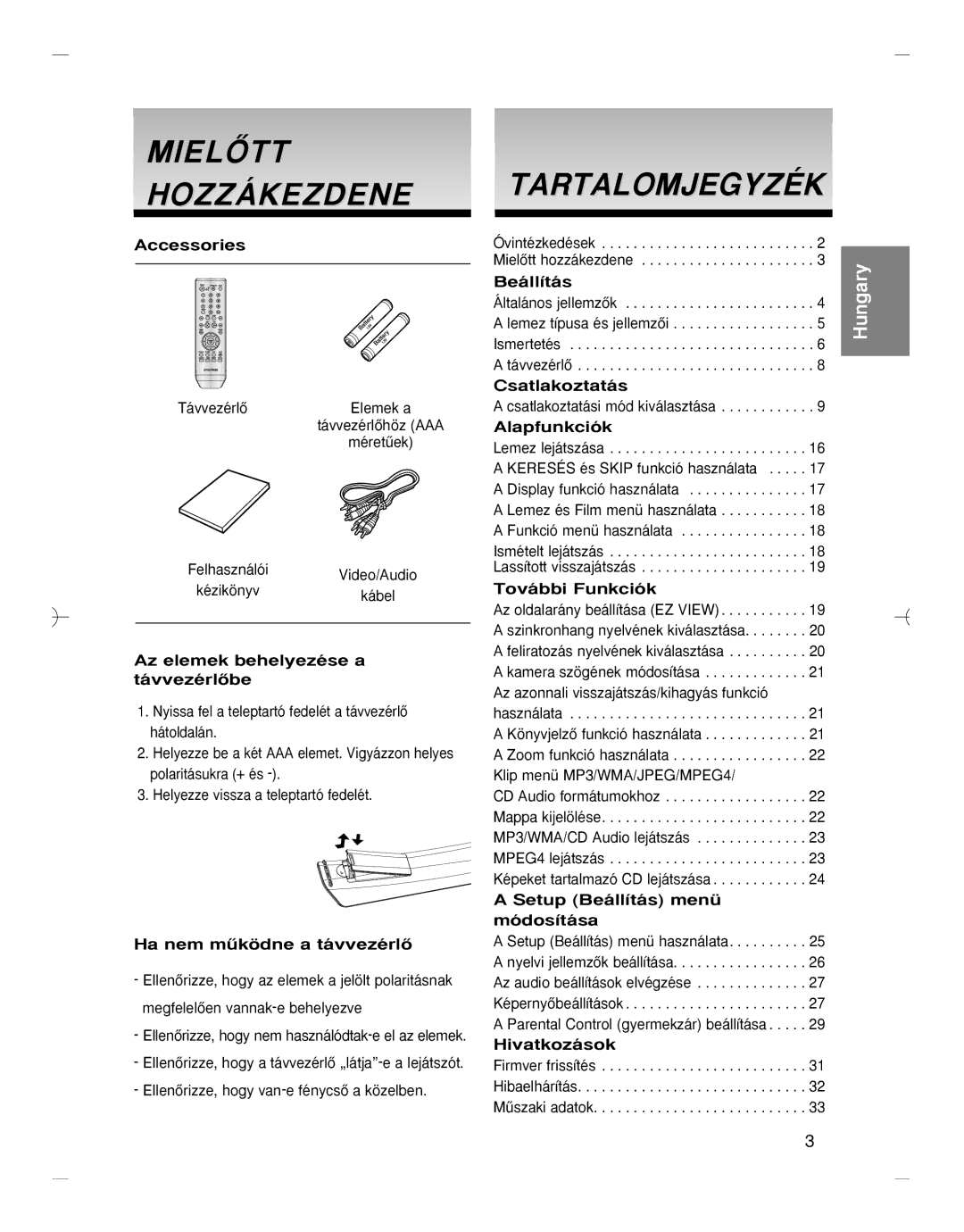 Samsung DVD-HD870/AUS, DVD-HD870/XEG, DVD-HD870/XET, DVD-HD870/XEH, DVD-HD870/XEE manual Mielãtt Hozzákezdene, Tartalomjegyzék 