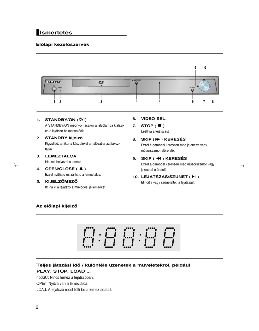 Samsung DVD-HD870/XEO, DVD-HD870/XEG, DVD-HD870/XET, DVD-HD870/AUS manual Ismertetés, ElŒlapi kezelŒszervek, Kijelzãmezã 