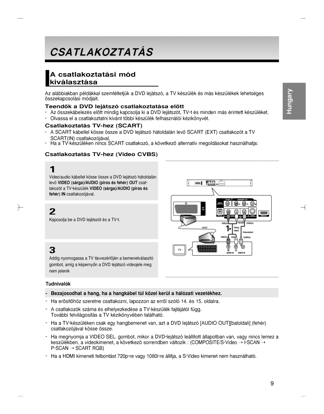 Samsung DVD-HD870/AUS, DVD-HD870/XEG Csatlakoztatási mód kiválasztása, TeendŒk a DVD lejátszó csatlakoztatása elŒtt 