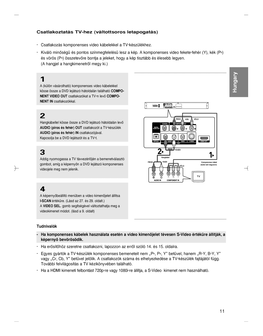 Samsung DVD-HD870/XEE, DVD-HD870/XEG, DVD-HD870/XET, DVD-HD870/AUS manual Csatlakoztatás TV-hez váltottsoros letapogatás 