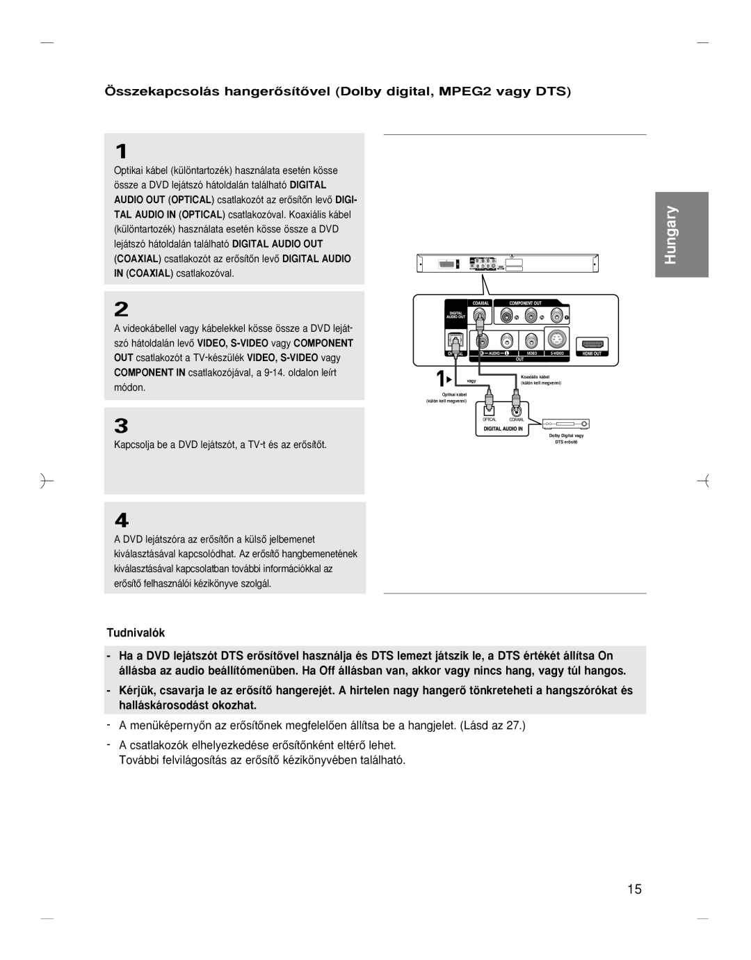 Samsung DVD-HD870/AUS, DVD-HD870/XEG, DVD-HD870/XET Összekapcsolás hangerŒsítŒvel Dolby digital, MPEG2 vagy DTS, Tudnivalók 