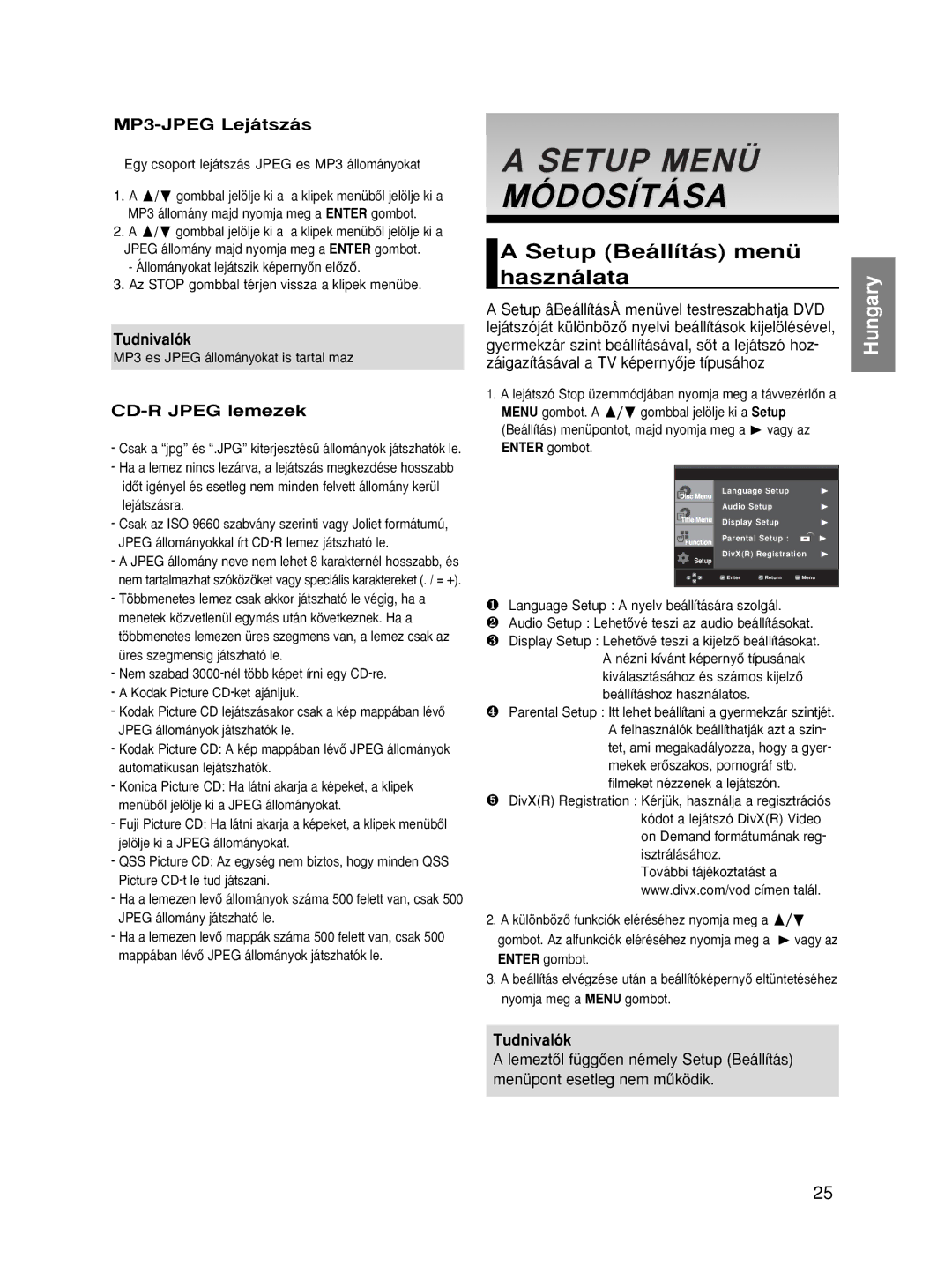 Samsung DVD-HD870/XEG manual Setup Menü Módosítása, Setup Beállítás menü használata, MP3-JPEG Lejátszás, CD-R Jpeg lemezek 