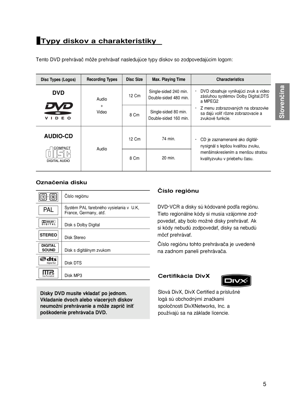 Samsung DVD-HD870/AUS, DVD-HD870/XEG manual Typy diskov a charakteristiky, Oznaãenia disku, Âíslo regiónu, Certifikácia DivX 