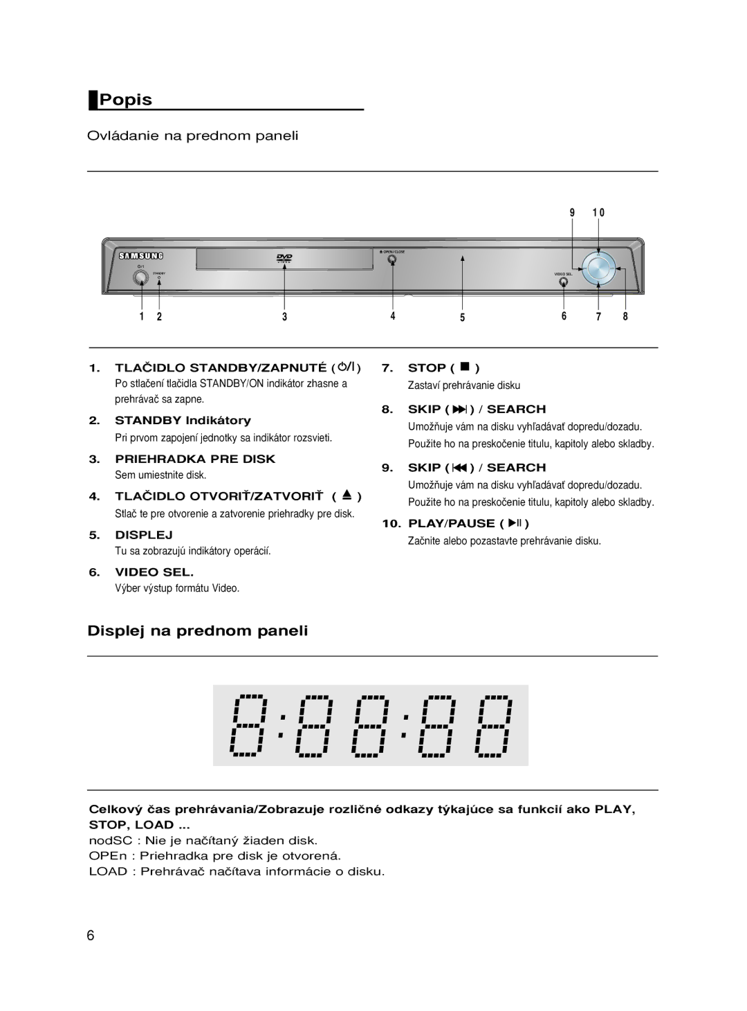 Samsung DVD-HD870/XEH, DVD-HD870/XEG, DVD-HD870/XET, DVD-HD870/AUS, DVD-HD870/XEE Ovládanie na prednom paneli, STOP, Load 