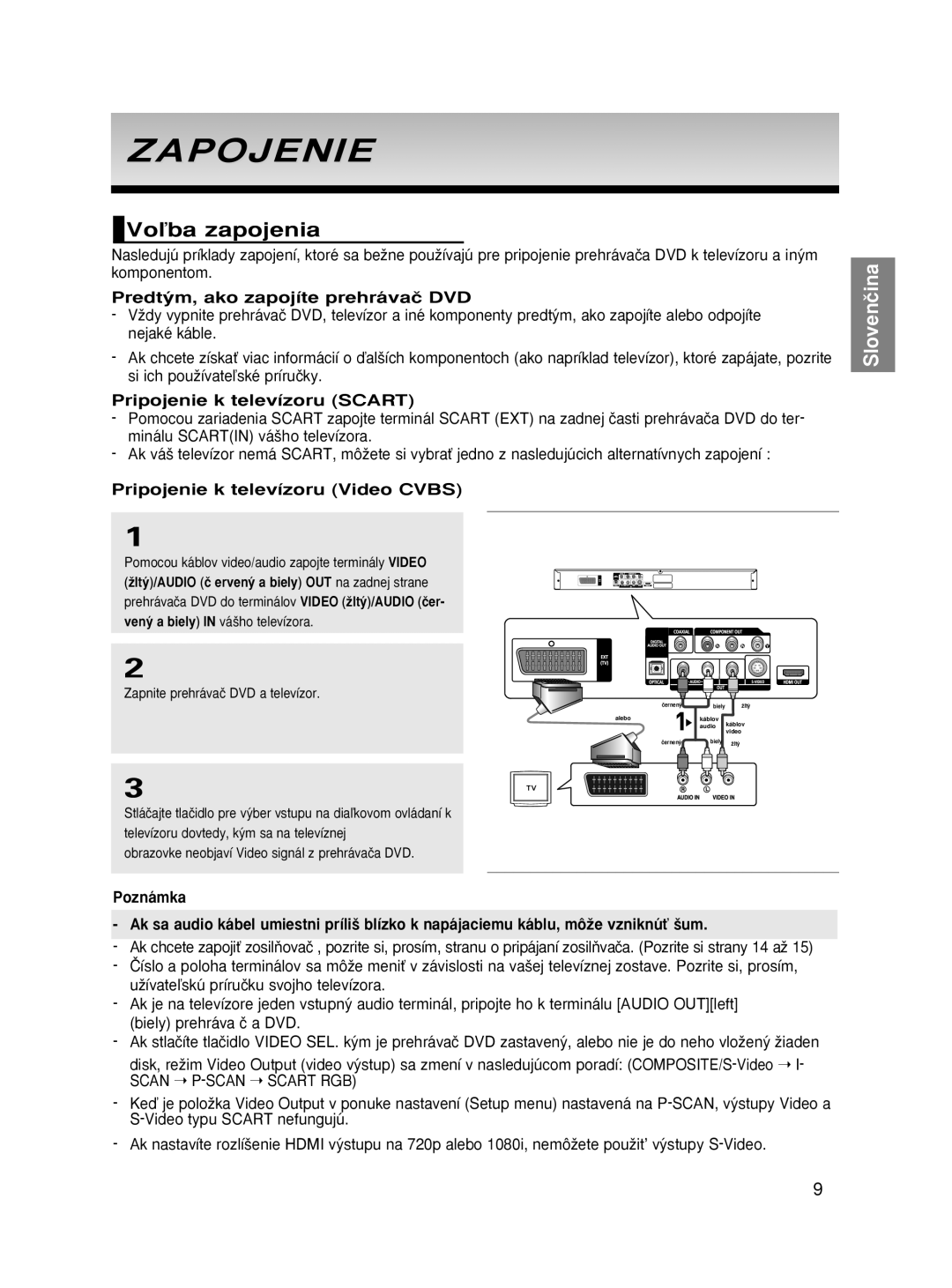 Samsung DVD-HD870/XEG manual Zapojenie, Voºba zapojenia, Predt˘m, ako zapojíte prehrávaã DVD, Pripojenie k televízoru Scart 