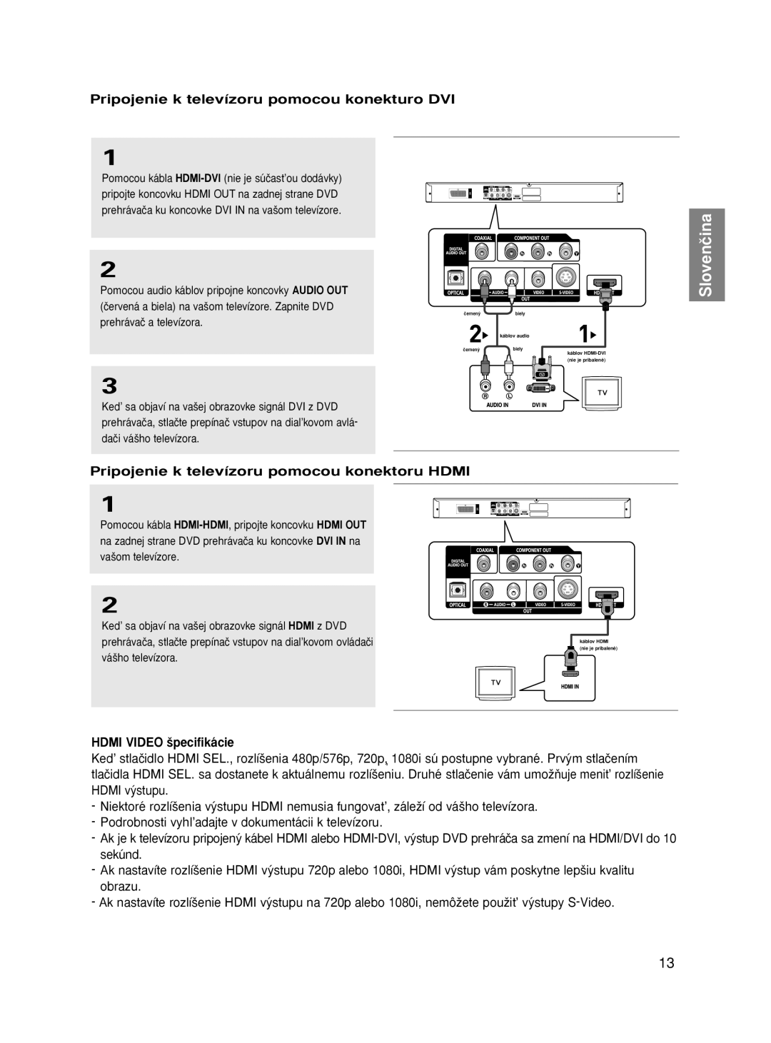 Samsung DVD-HD870/XEE manual Pripojenie k televízoru pomocou konekturo DVI, Pripojenie k televízoru pomocou konektoru Hdmi 