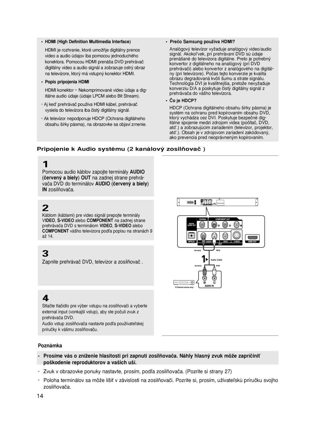 Samsung DVD-HD870/XEO Pripojenie k Audio systému 2 kanálov˘ zosilÀovaã, Zapnite prehrávaã DVD, televízor a zosilÀovaã 