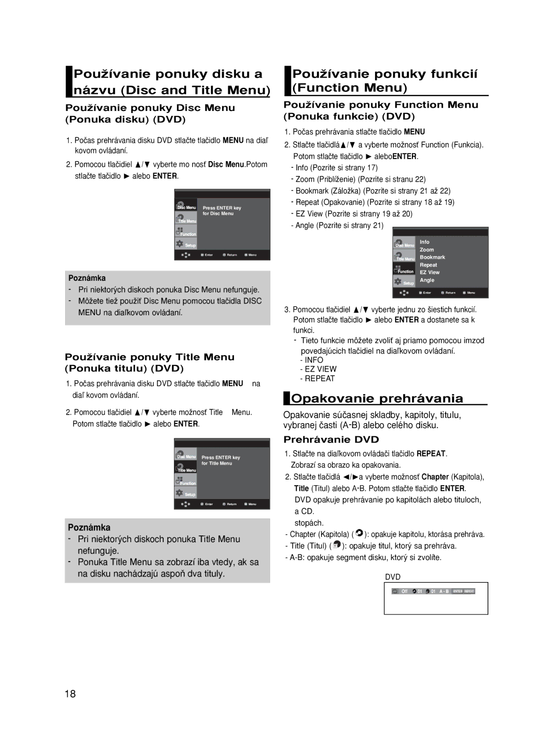 Samsung DVD-HD870/XEH manual PouÏívanie ponuky disku a názvu Disc and Title Menu, PouÏívanie ponuky funkcií Function Menu 