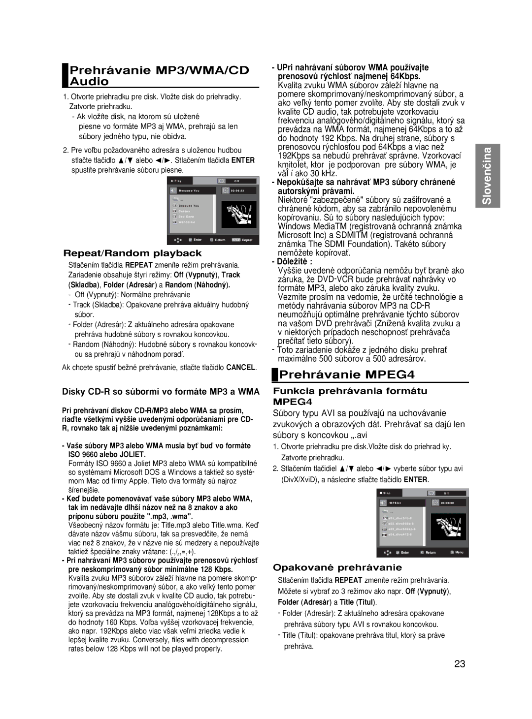 Samsung DVD-HD870/AUS manual Prehrávanie MP3/WMA/CD Audio, Prehrávanie MPEG4, DôleÏité, Funkcia prehrávania formátu MPEG4 