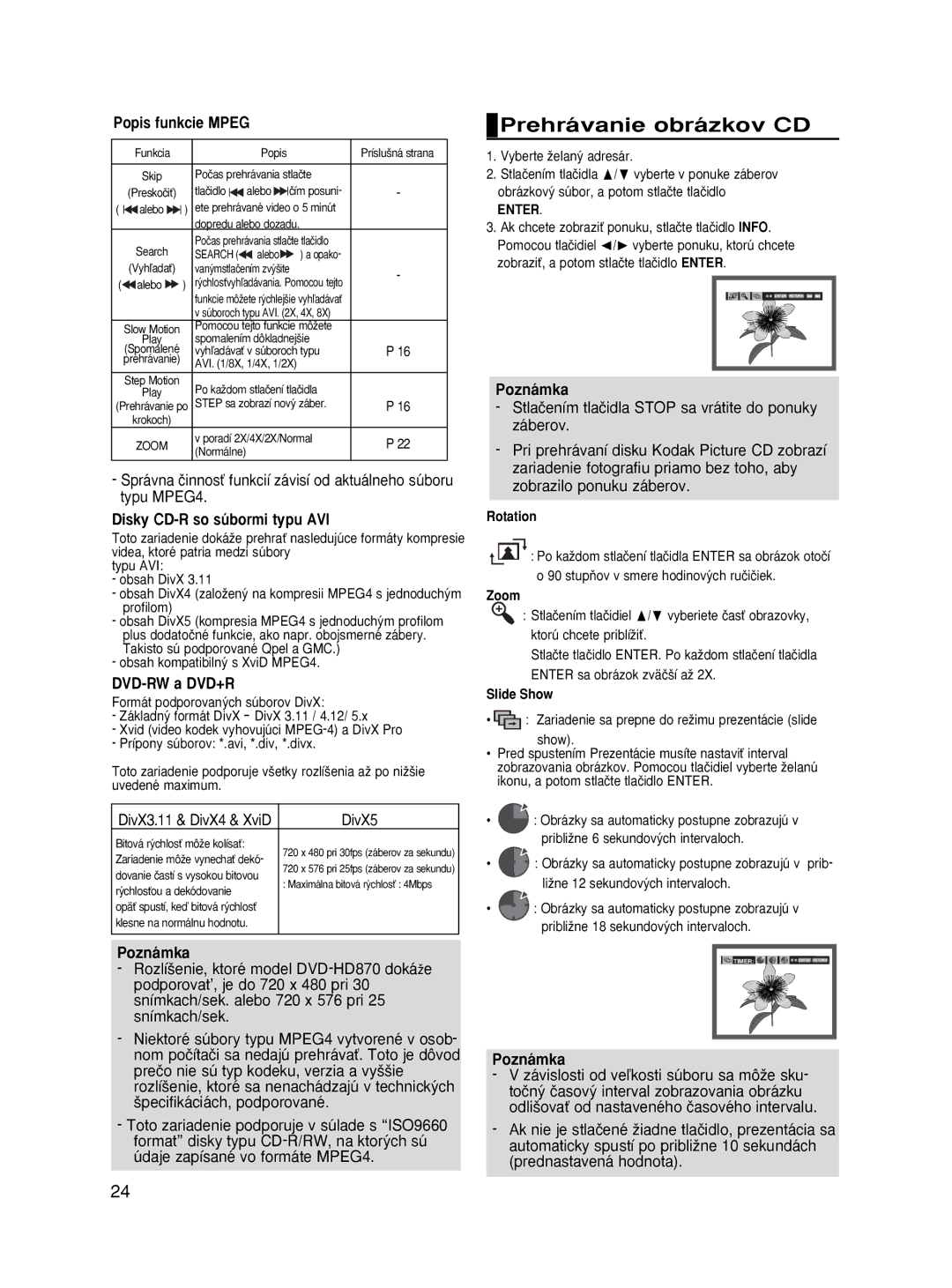 Samsung DVD-HD870/XEH manual Prehrávanie obrázkov CD, Popis funkcie Mpeg, Disky CD-R so súbormi typu AVI, DVD-RW a DVD+R 