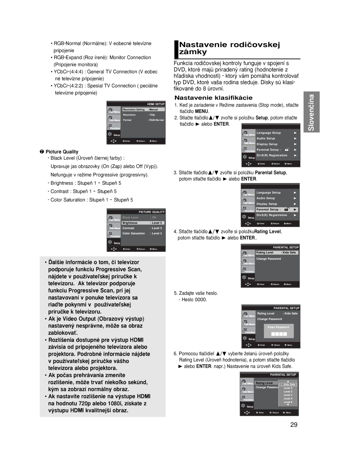 Samsung DVD-HD870/AUS manual Nastavenie rodiãovskej zámky, Nastavenie klasifikácie, Black Level ÚroveÀ ãiernej farby 