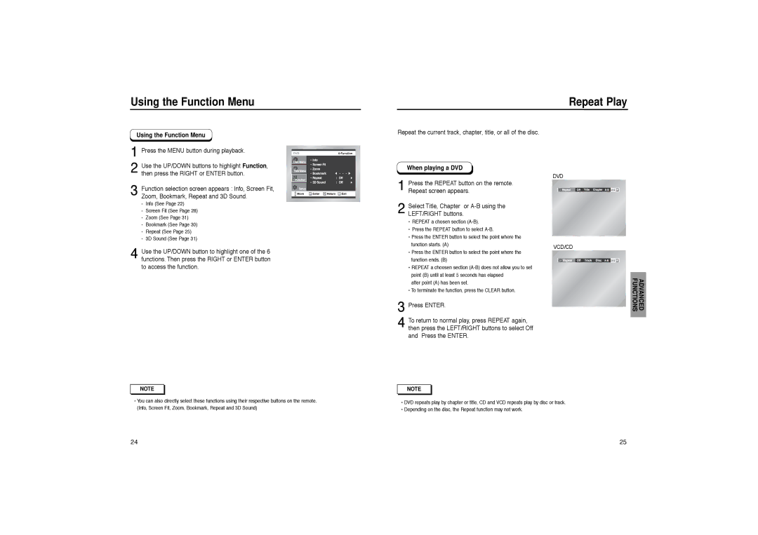 Samsung DVD-HD931 manual Using the Function Menu Repeat Play, Press the Menu button during playback, When playing a DVD 