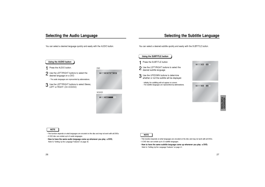 Samsung DVD-HD931 manual Selecting the Audio Language, Selecting the Subtitle Language, Using the Audio button 