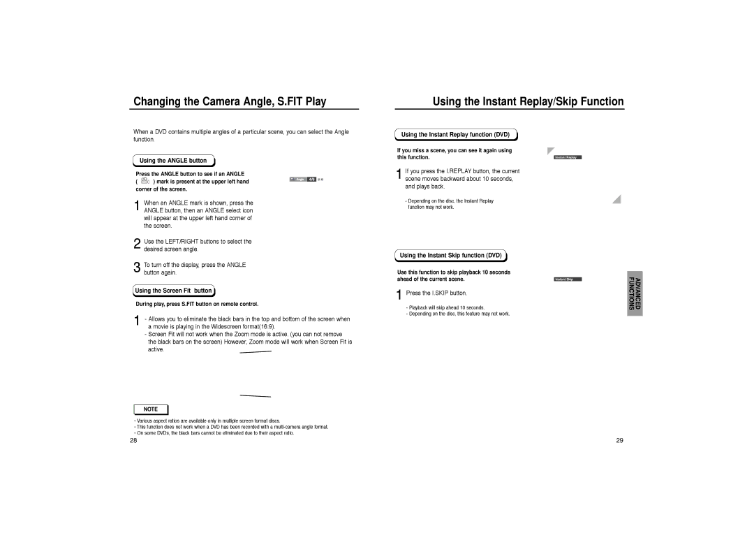 Samsung DVD-HD931 manual Using the Angle button, Using the Screen Fit button, Using the Instant Replay function DVD 