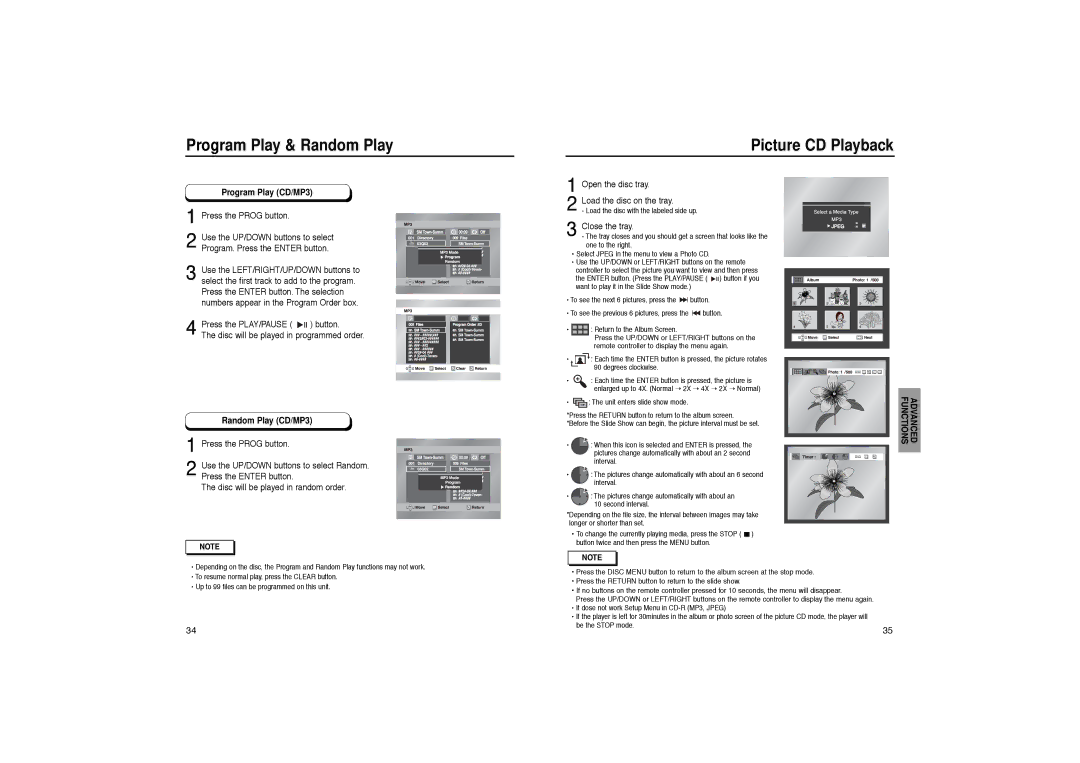 Samsung DVD-HD931 manual Program Play & Random Play Picture CD Playback, Program Play CD/MP3, Random Play CD/MP3 