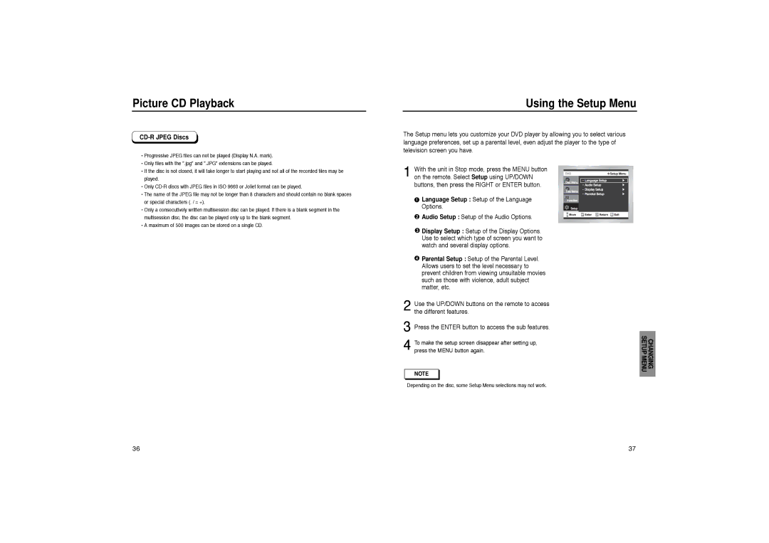 Samsung DVD-HD931 manual Using the Setup Menu, CD-R Jpeg Discs 