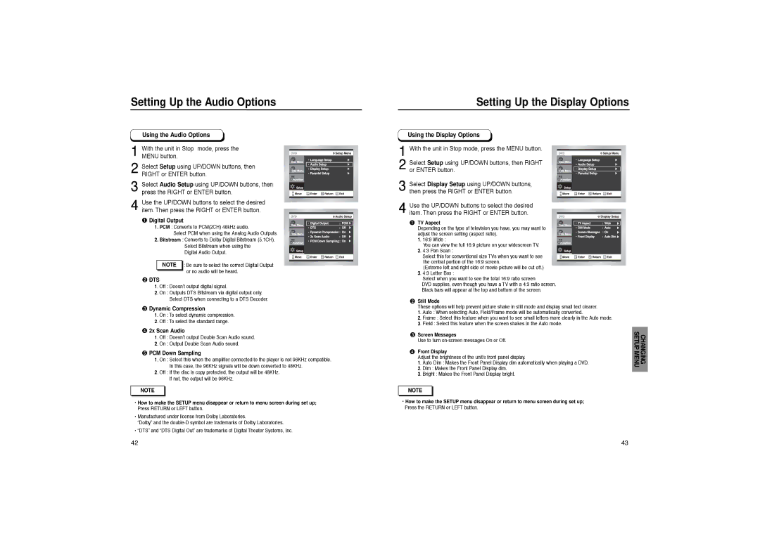 Samsung DVD-HD931 manual Setting Up the Audio Options, Setting Up the Display Options, Using the Audio Options 