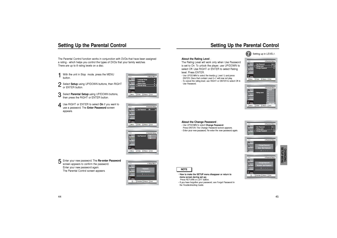 Samsung DVD-HD931 manual Setting Up the Parental Control, About the Rating Level, About the Change Password 