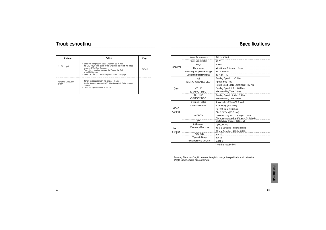 Samsung DVD-HD931 manual Specifications, General, Output 