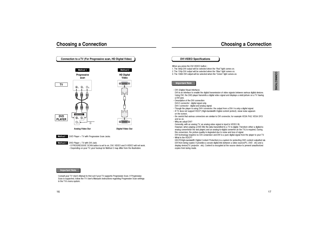 Samsung DVD-HD931 manual Connection to a TV For Progressive scan, HD Digital Video, DVI Video Specifications 