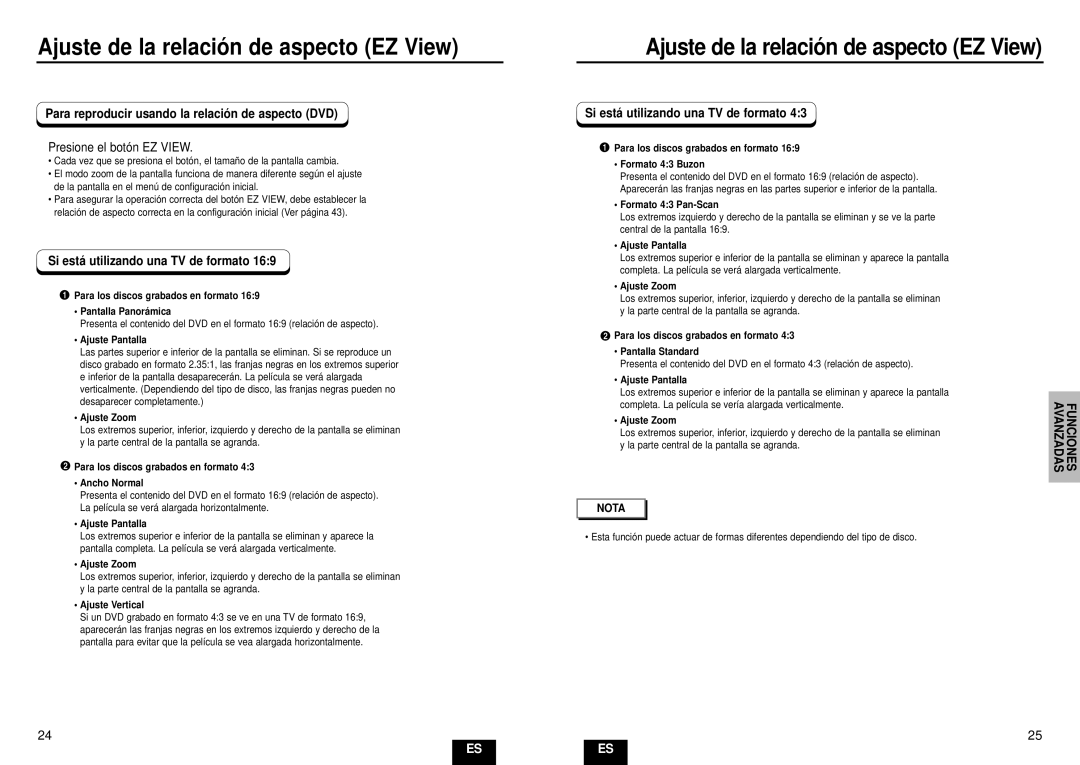 Samsung DVD-HD935/XEC manual Ajuste de la relació n de aspecto EZ View, Para reproducir usando la relació n de aspecto DVD 