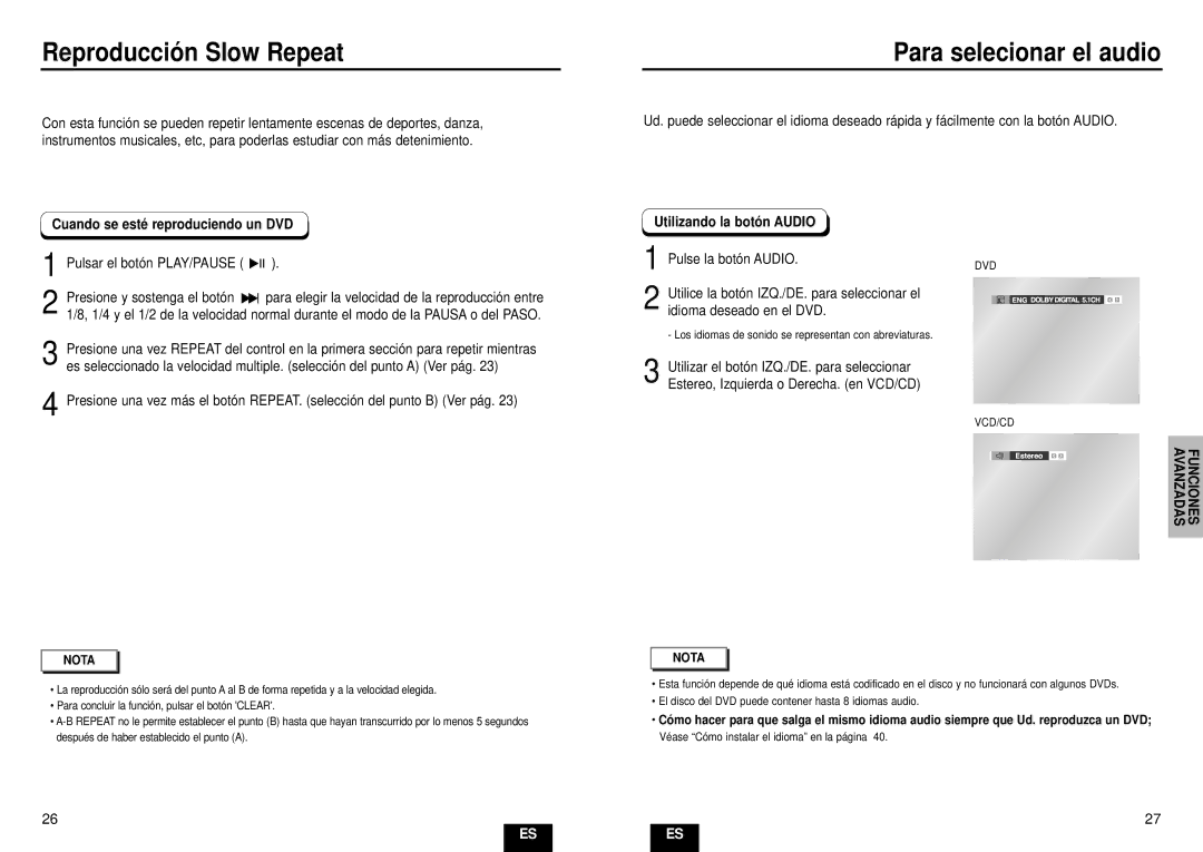 Samsung DVD-HD935/XEC manual Reproducció n Slow Repeat, Para selecionar el audio, Cuando se esté reproduciendo un DVD 