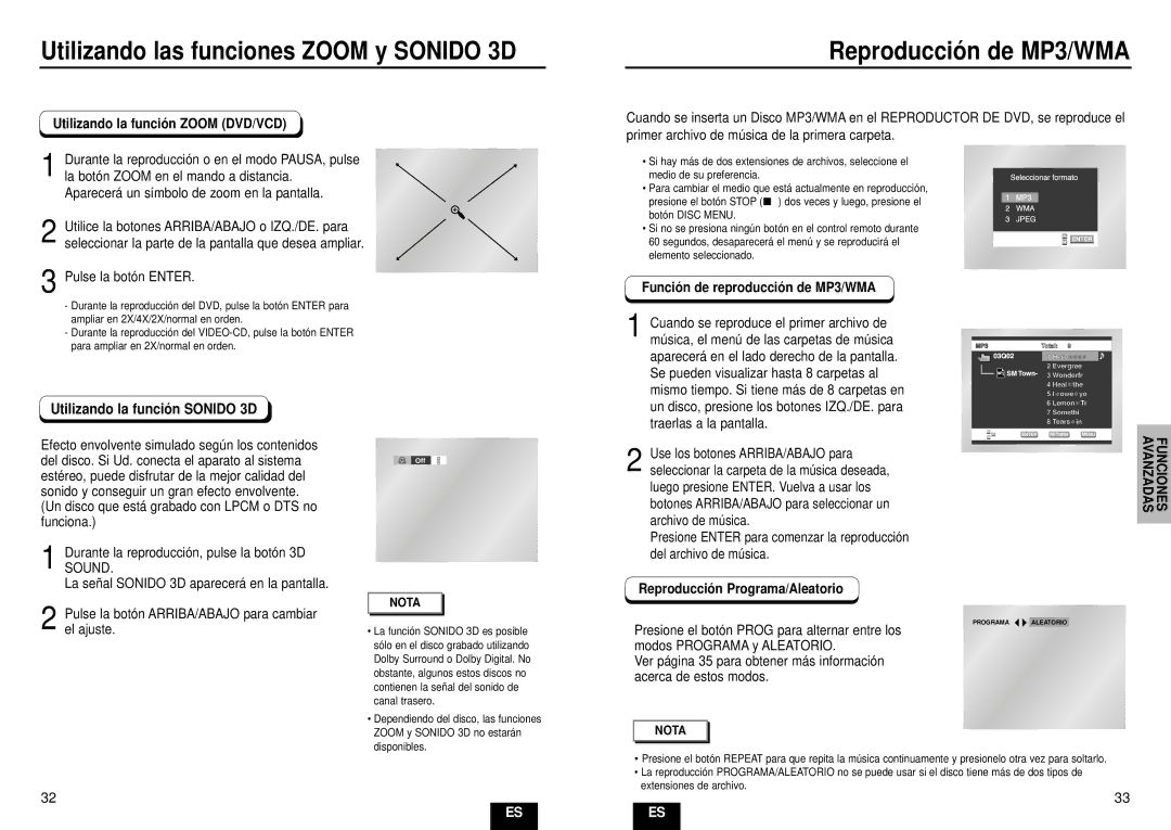 Samsung DVD-HD935/XEC manual Utilizando las funciones Zoom y Sonido 3D, Reproducció n de MP3/WMA 