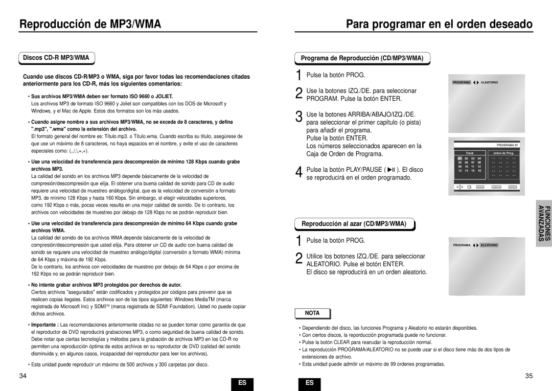 Samsung DVD-HD935/XEC manual Reproducció n de MP3/WMA Para programar en el orden deseado, Discos CD-R MP3/WMA 