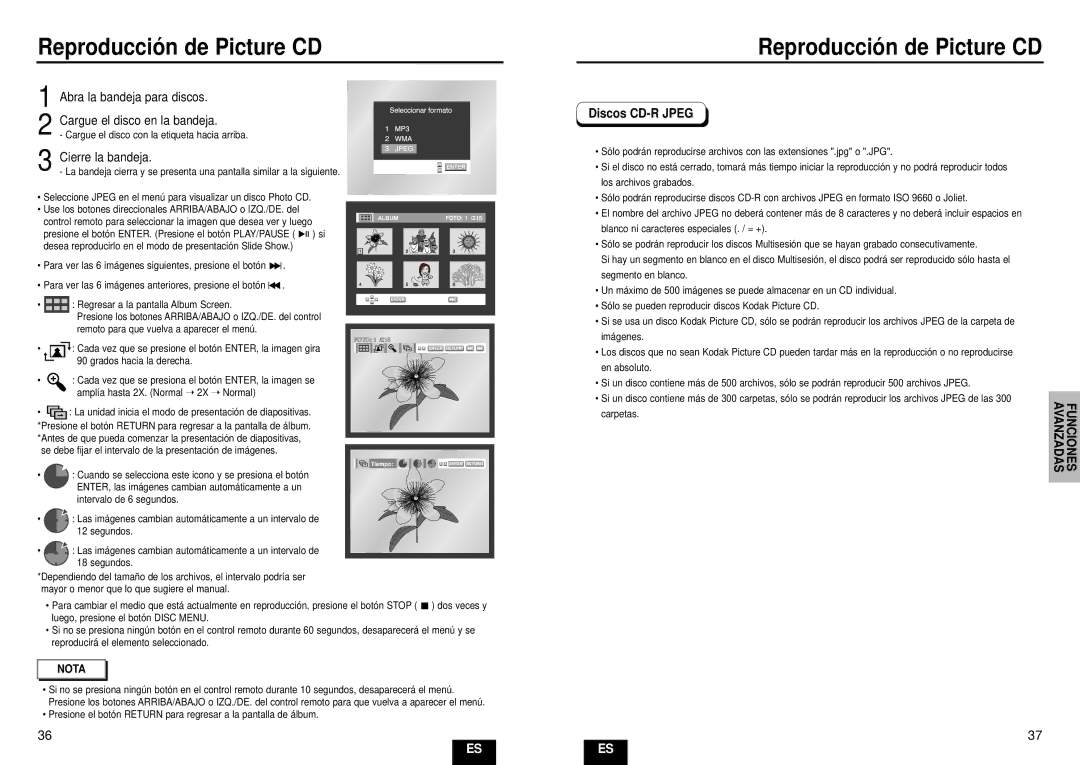 Samsung DVD-HD935/XEC manual Reproducció n de Picture CD, Abra la bandeja para discos Cargue el disco en la bandeja, Nota 