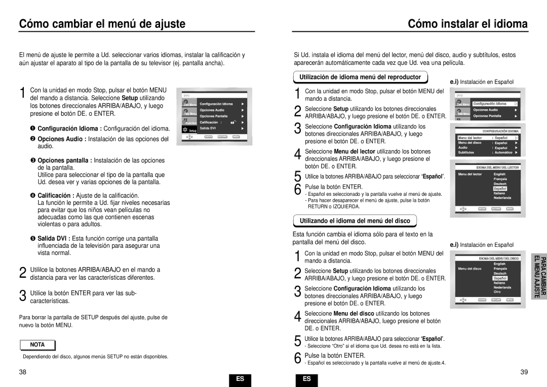 Samsung DVD-HD935/XEC Có mo cambiar el menú de ajuste, Có mo instalar el idioma, Utilizando el idioma del menú del disco 