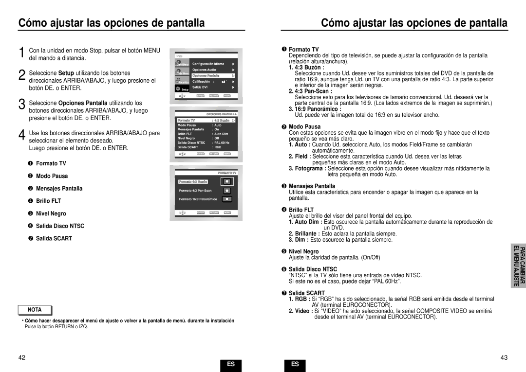 Samsung DVD-HD935/XEC manual Có mo ajustar las opciones de pantalla, Formato TV, 43 Buzó n, Pan-Scan, Panorá mico 