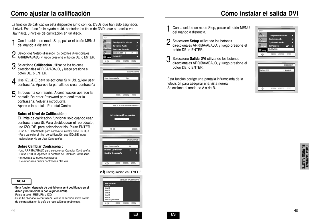 Samsung DVD-HD935/XEC manual Có mo ajustar la calificació n, Có mo instalar el salida DVI, Sobre el Nivel de Calificació n 