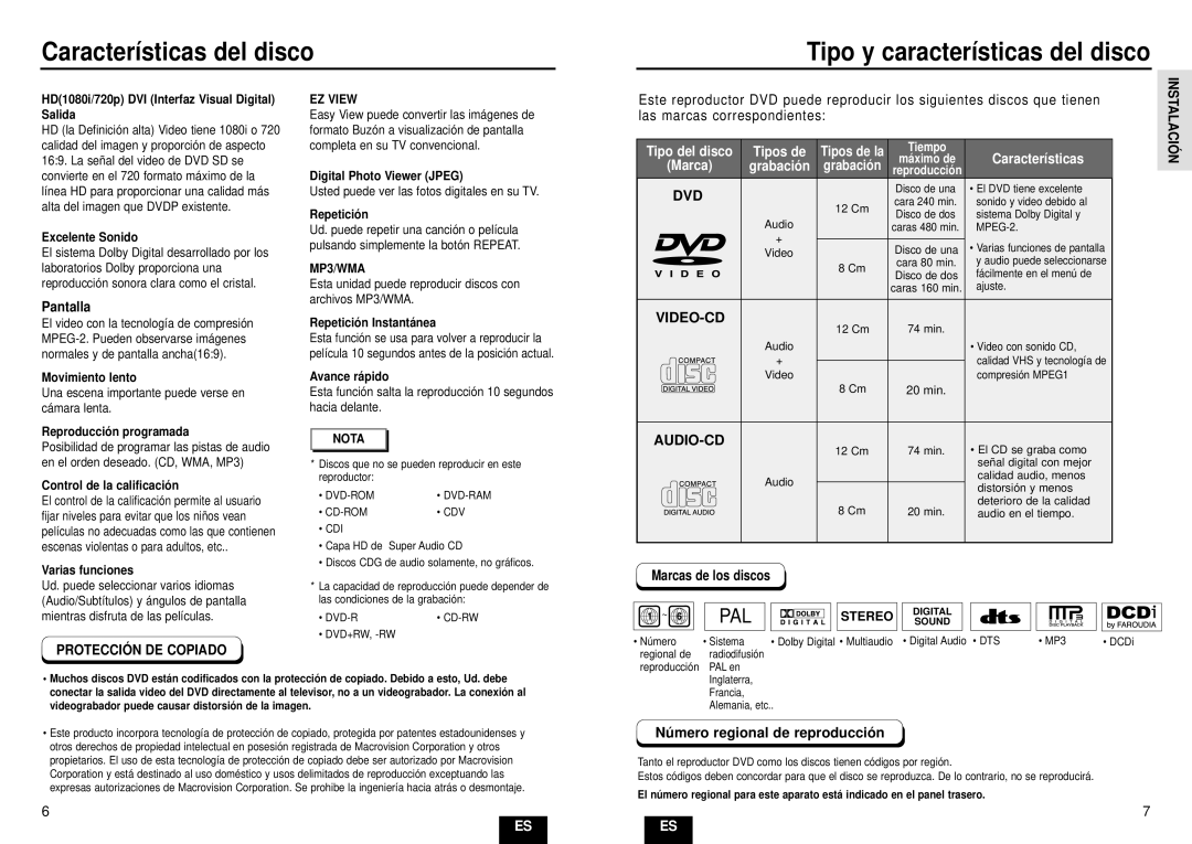 Samsung DVD-HD935/XEC Características del disco Tipo y características del disco, Pantalla, Las marcas correspondientes 