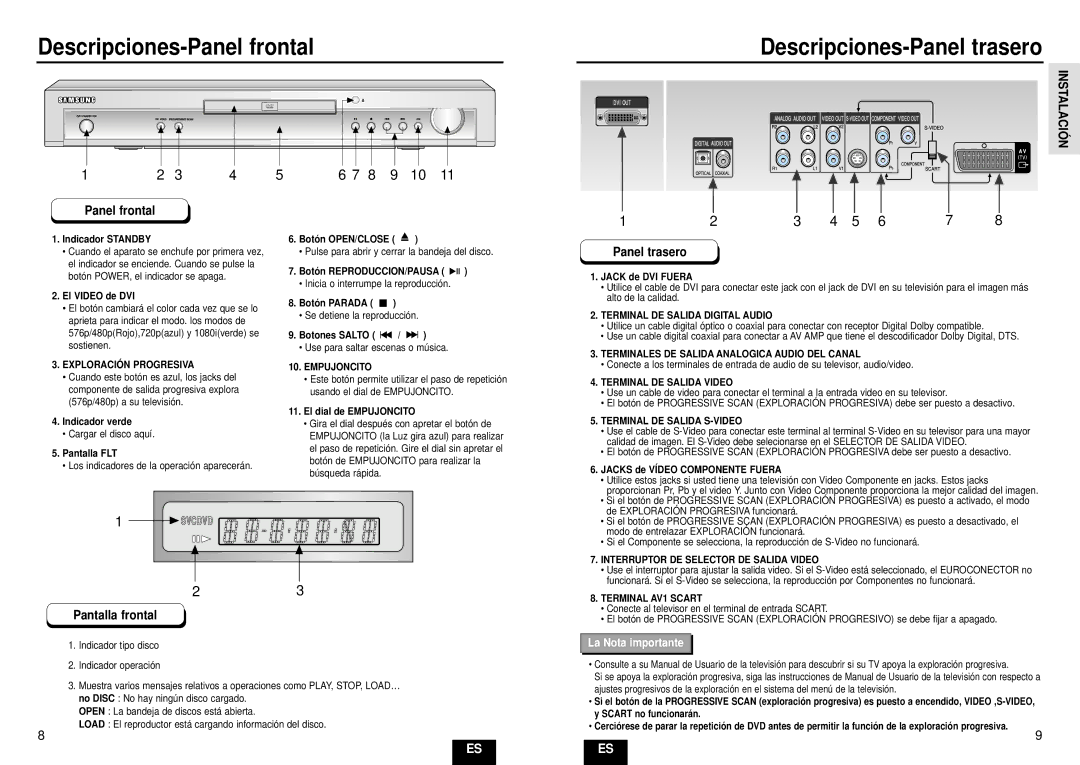 Samsung DVD-HD935/XEC manual Descripciones-Panel frontal Descripciones-Panel trasero, Pantalla frontal, Instalación 